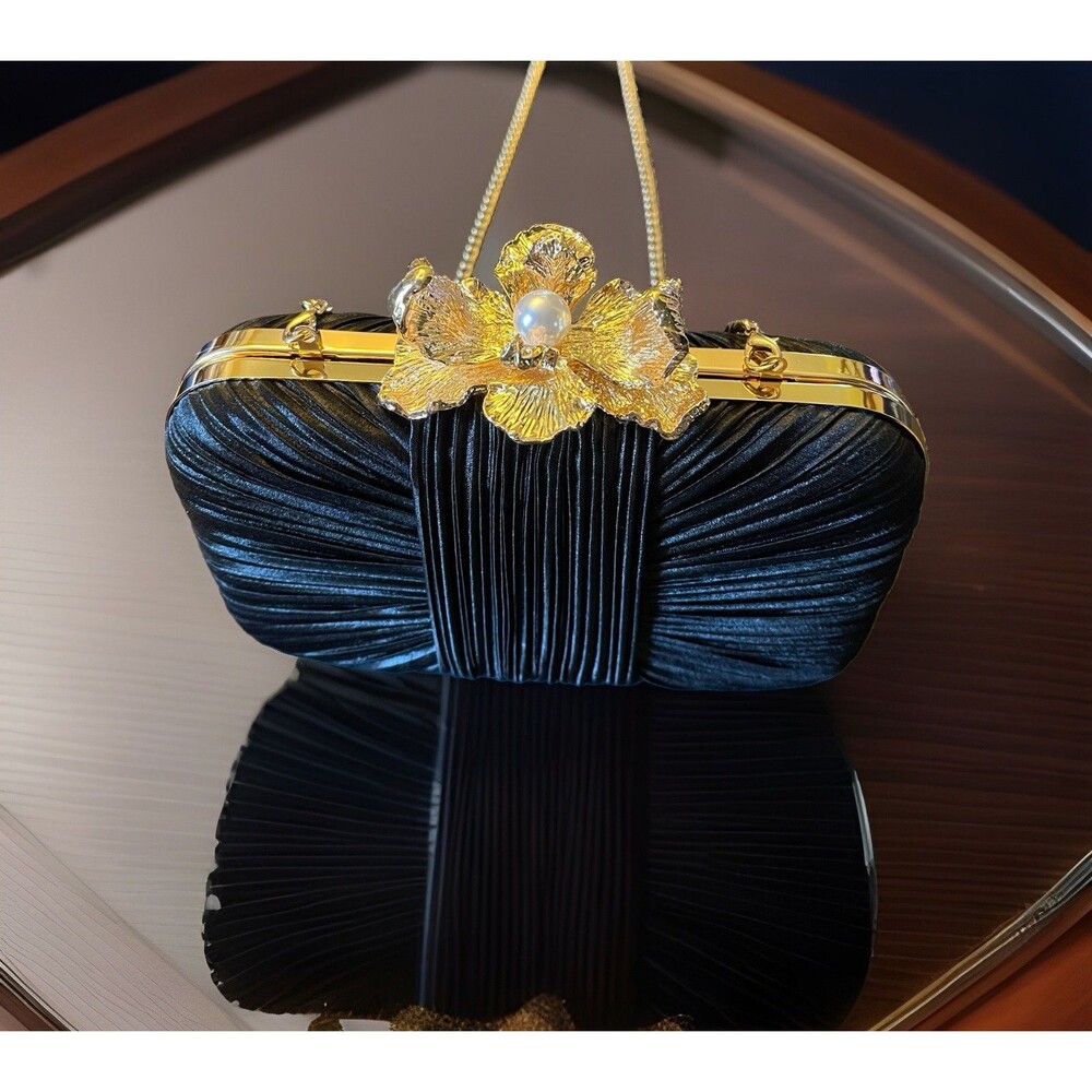 House of Harlow Black Evening Clutch Crossbody Gold Floral Kiss Clasp & Pearl